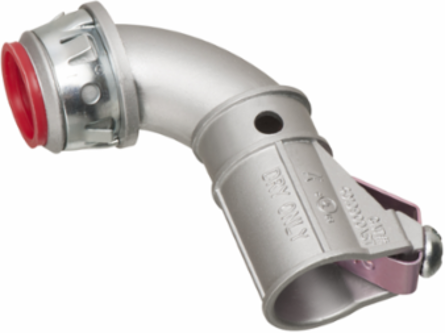 Zinc die-cast, 1/2" Knockout MC cable connector snaps quickly on to the conduit with a removable screw in spring steel clip and then snaps into knockout with external spring steel clip, no tools required. Concrete tight when taped. Red tinted internal clip indicates easier insertion of conduit and comes with Insulated throat. 90 degree connector
