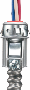 Zinc die-cast, 3/4" Knockout MC cable connector snaps quickly on to the conduit with a removable screw in spring steel clip and then snaps into knockout with external spring steel clip, no tools required. Concrete tight when taped. Comes with Insulated throat.