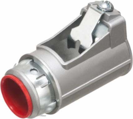 Zinc die-cast, 3/4" Knockout MC cable connector snaps quickly on to the conduit with a removable screw in spring steel clip and then snaps into knockout with external spring steel clip, no tools required. Concrete tight when taped. Comes with Insulated throat.