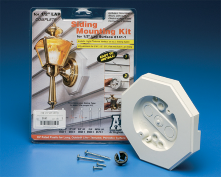 Siding mounting kit with built in electrical box. 6.8 cubic inch box.Kit includes NM cable connector. 4 mounting screws. For dutch lap siding. 6.6 x 6.6 octagon. Grounding Clip