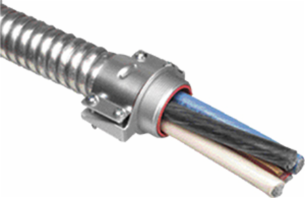For steel and aluminum cable, Zinc die-cast MC feeder cable connector with a steel strap. Including an end stop that comes with additional end stop bushings for a wider range of cables. Secures into a 2-1/2" knockout with a steel locknut. Concrete tight when taped.