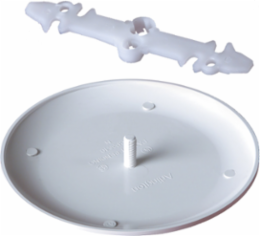 ceiling box cover, non-metallic, paintable. Covers unused 3-1/2 and 4" round and octaganal boxes prior to the installation of a fan or fixture. Mounting screws are invisible on the ceiling. two #8/32 x 3-1/4 bracket are included.