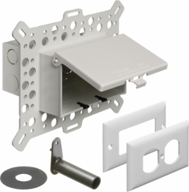 Low profile inbox for new construction stucco, textured surfaces and rigid siding. Horizontal with White Cover. With Grounding Clip.
