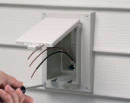Low profile Inbox for retrofit siding construction. Vertical with white paintable cover. Siding Lap size 1-1/4 or 5/16. With Grounding Clip.