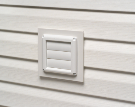 Dryer vent mounting block kit. Non metallic for new construction. Fits 1/2" and 5/8" step and dutch lap siding.