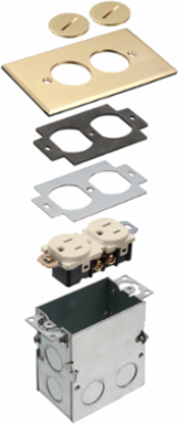 Floor box kit with steel box and metallic cover with threaded plugs. Single Gang. Brass.