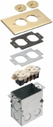 Floor box kit with steel box and metallic cover with threaded plugs. Single Gang. Brass.