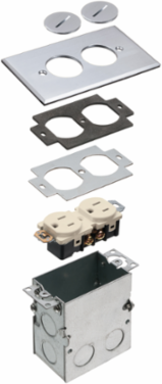 Floor box kit with steel box and metallic cover with threaded plugs. Single Gang. Nickel.