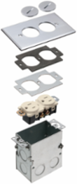 Floor box kit with steel box and metallic cover with threaded plugs. Single Gang. Nickel.