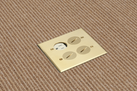 Floor box kit with steel box and metallic cover with four threaded plugs. Two Gang. Brass.