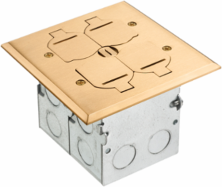 Combo Floor Box Kit 2-Gang with Low Voltage Divider, Brass Cover 5.018 Inch