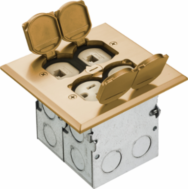 Combo Floor Box Kit 2-Gang with Low Voltage Divider, Brass Cover 5.018 Inch
