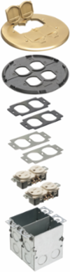 Combination Floor Box Kit, 2-Gang, Brass Cover, 6 Inch Height, 6 Inch Width