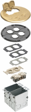 Floor Box Kit, 2-Gang, 6 Inch x 6 Inch, Brass Cover, 110v