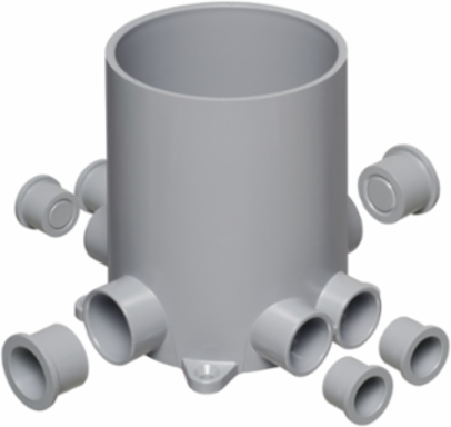 Non-Metallic 4-1/2 Inch Round Box, Low Voltage Divider, 6 Hubs, 1.534 lbs