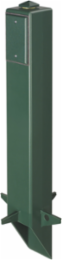 Gard-N-Post. 26" support for outdoor light fixtures or GFCI devices outdoors. Opennings on both sides of post for back to back power or power on one side and low voltage on the other. Built in stablaizers need to assembly. Opennings in stabalizers allow for insertion of extra support material. Angle Cut post for easy acces to unground wiring. two 1/2" Knockouts. Color Green. Color is permanent, no chipping. With Grounding Clip.