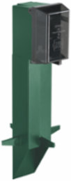 Gard-N-Post. 19.5" support for GFCI devices outdoors. Built in stablaizers need to assembly. Opennings in stabalizers allow for insertion of extra support material. Angle Cut post for easy acces to unground wiring. two 1/2" Knockouts. Color Green. Color is permanent, no chipping. Clear extra duty weatherproof in use cover installed. With Grounding Clip.