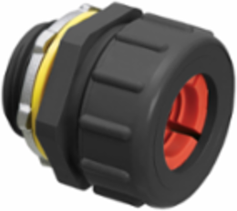 Non-metallic, liquid-tight, black, and oil-tight colorgrip strain relief cord connector furnished with a sealing ring and locknut. Supports .750 to .875 cord range with a 1 inch trade size.