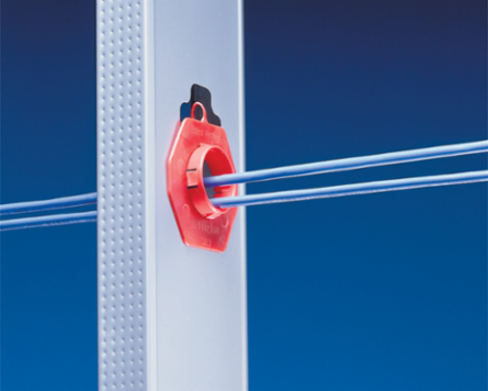 Non-metallic bushing snaps into standard knockout and fixes into common hole configurations for 2 x 4 metal studs, sold in a quantity of 100.