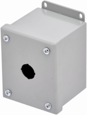 Eaton B-Line series push button enclosures, 4" height, 3" length, 3.25" width, NEMA 4X, Screw cover, PBM4XS enclosure, Surface mounted, Small single door, External mounting feet, 304 stainless steel, Oil-resistant gasket