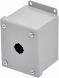 Eaton B-Line series push button enclosures, 4" height, 3" length, 3.25" width, NEMA 4X, Screw cover, PBM4XS enclosure, Surface mounted, Small single door, External mounting feet, 304 stainless steel, Oil-resistant gasket
