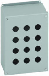 Eaton B-Line series push button enclosures, 14" height, 4.75" length, 6.25" width, NEMA 12, Hinged cover, PBX enclosure, Surface mounted, Medium single door, External mounting feet, Carbon steel, Oil-resistant gasket