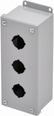 Eaton B-Line series push button enclosures, 8" height, 2.75" length, 3.25" width, NEMA 4X, Screw cover, PV4XS enclosure, Surface mounted, Medium single door, External mounting feet, 304 stainless steel, Oil-resistant gasket