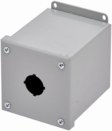 Eaton B-Line series push button enclosures, 4" height, 4.75" length, 4" width, NEMA 12, Screw cover, PVX enclosure, Surface mounted, Medium single door, External mounting feet, Carbon steel, Oil-resistant gasket