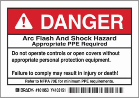 Arc Flash Danger Labels, Self-Sticking Polyester, 3.5 Inch x 5 Inch, Pack of 5