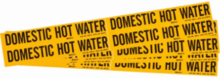 Self-Adhesive Pipe Marker: DOM HOT WATER, 1.125" H x 7" W, Pack of 5 Each, Fits Pipes 0.75" Dia. Thru 2.375" Dia.