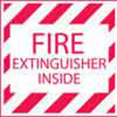 FIRE EXTINGUISHER INSIDE Labels, 4" H x 4" W x 0.004" D, Red on White