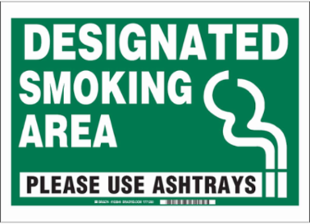Designated Smoking Area Please Use Ashtrays Sign, 10" H x 14" W x 0.06" D, Black/Green on White