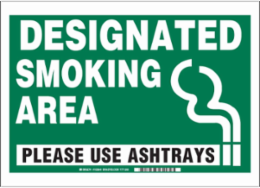 Designated Smoking Area Please Use Ashtrays Sign, 10" H x 14" W x 0.06" D, Black/Green on White