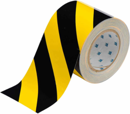 ToughStripe® Floor Marking Tape Roll - Polyester, Diagonal Stripes, Black on Yellow, 4" x 100'