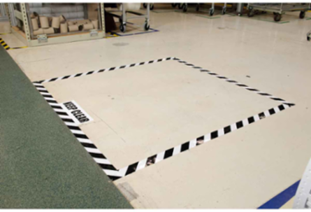 ToughStripe® Floor Marking Tape Roll - Polyester, Diagonal Stripes, Black on White, 4" x 100'