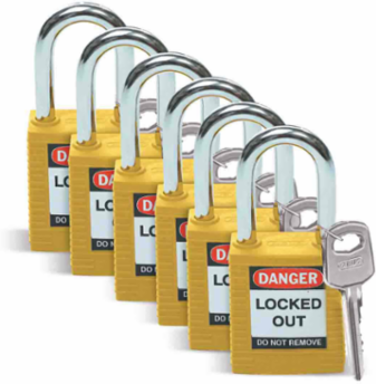 Nonconductive Nylon Padlock - 6-Pin Cylinder, 1.5 Inch Shackle Clearance, Keyed Alike