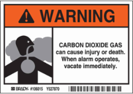 WARNING Carbon Dioxide Gas Can Cause Injury Or Death. When Alarm Operates Vacate Immediately. Sign, 3.5" H x 5" W x 0.006" D