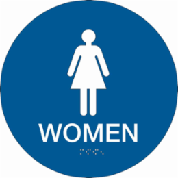 Women Sign, 12" Dia, Plastic, White on Blue