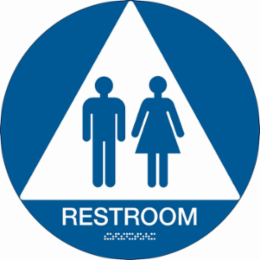Restroom Sign, 12" Dia, Plastic, White on Blue