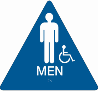 Men w/Wheelchair Pictogram Sign, 10" H x 11" W, Plastic, White on Blue