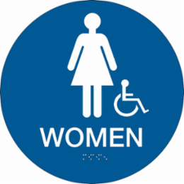Women Sign, 13" Dia, Plastic, White on Blue