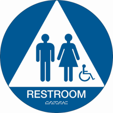 Restroom w/Wheelchair Pictogram Sign, 12" Dia, Plastic, White on Blue