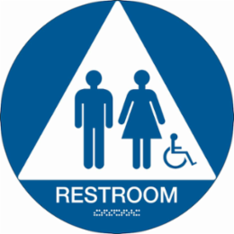 Restroom w/Wheelchair Pictogram Sign, 12" Dia, Plastic, White on Blue