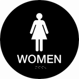 Women Sign, 12" Dia, Plastic, White on Black