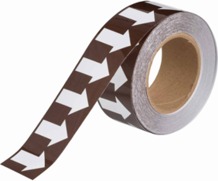 Pipe Marker Tape with Arrows, Polyester, White on Brown, 2" x 30 Yds