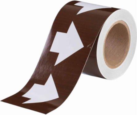 Pipe Marker Tape with Arrows, Polyester, White on Brown, 3" x 30 Yds