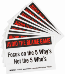 AVOID THE BLAME GAME Label, 3.5 Inch H x 5 Inch W, Permanent Adhesive, Black/Red on White