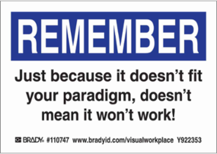 REMEMBER JUST BECAUSE IT DOESN'T FIT YOUR PARADIGM, DOESN'T MEAN IT WON'T WORK! Labels, 3.5" H x 5" W x 0.006" D, Black/Blue on White