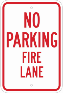NO PARKING Fire Lane Sign, 18" H x 12" W x .035" D, Red on White