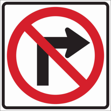 No Right Turn Sign, 24" H x 24" W x 0.090" D, Aluminum